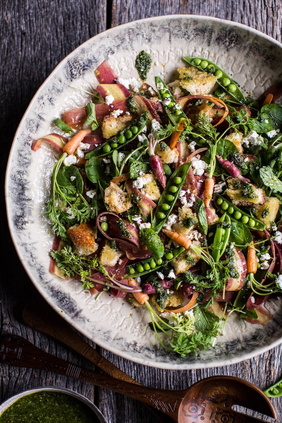 Spring Pea and Carrot Salad With Carrot Top Pesto