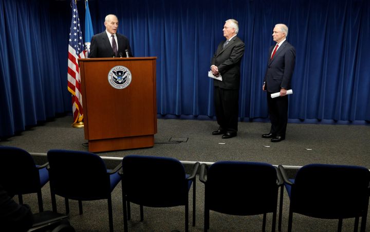 Homeland Security Secretary John Kelly (L), Secretary of State Rex Tillerson (C) and Attorney General Jeff Sessions (R), deliver remarks on issues related to visas and travel after U.S. President Donald Trump signed a new travel ban order in Washington, U.S., March 6, 2017.