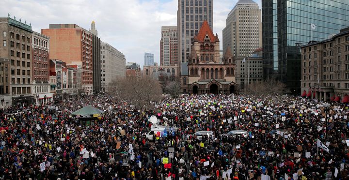 Demonstrators gather in Copley Square to protest U.S. President Donald Trump's executive order travel ban in Boston, Massachusetts, January 29, 2017.