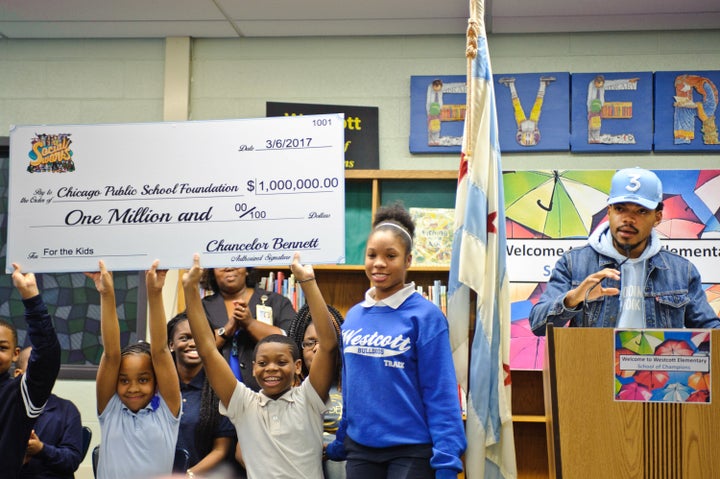 Chance The Rapper holds a press conference and donates $1 Million Dollars to the Chicago Public School Foundation at Westcott Elementary School on March 6, 2017 in Chicago, Illinois.