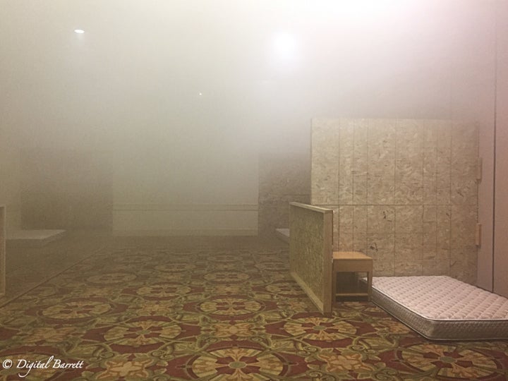 <p>Mattresses and plywood walls simulated patient bedrooms. Firefighters had to search these rooms in the dark through thick theatrical smoke.</p>