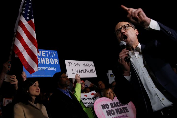 Democratic National Committee (DNC) Chairman Tom Perez joins demonstrators outside of the White House on March 6, 2017.