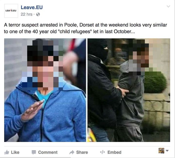 Leave.EU's Facebook post (pixelated by HuffPost UK).
