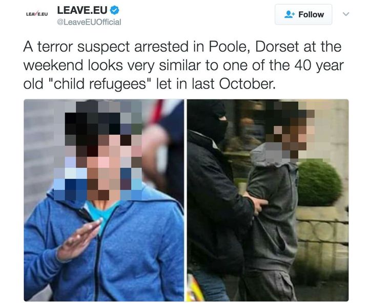 Leave.EU's Twitter post (pixelated by HuffPost UK).