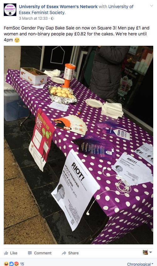 The feminist society at the University of Essex faced criticism over its gender gap bake sale 