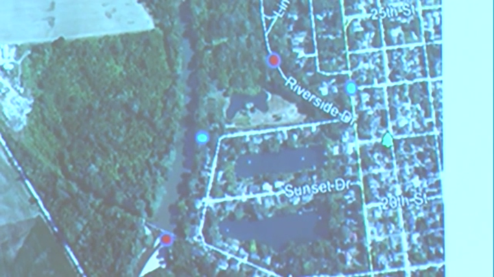 The top red dot is where police said they found Watts' car. The bottom red dot is where her body was found. The blue dots are where people said they saw her chasing the dog.