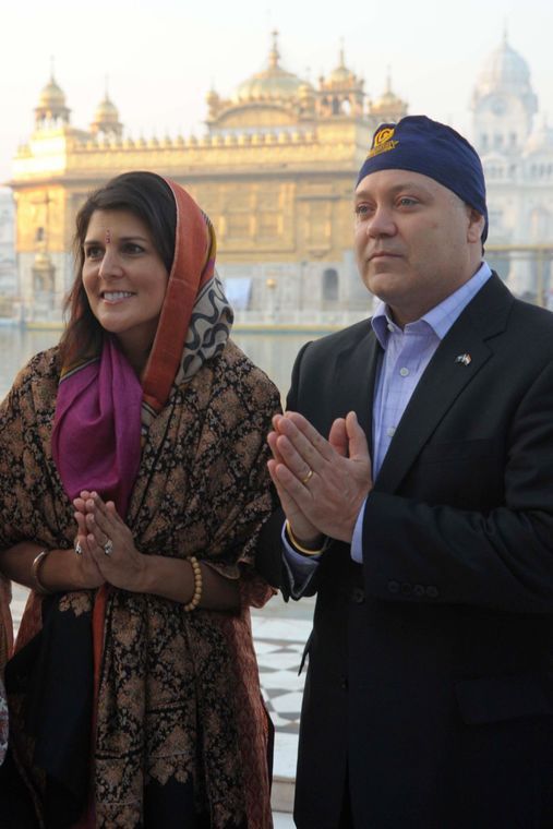 Nikki Haley along with her husband Michael Haley paying obeisance at Golden Temple in Punjab, India in 2014.