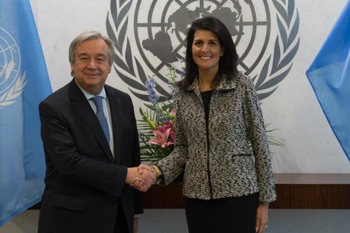 United Nations Secretary-General António Guterres shakes hands with new U.S. Ambassador to the United Nations Nikki Haley at the United Nations on Jan. 27, 2017 in New York.