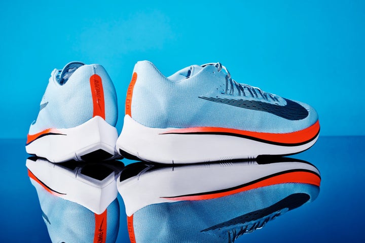 <p>The Zoom Fly, pictured here, is slightly heavier than the Vaporfly 4%. It features a similar embedded-plate construction, but incorporates Nike’s conventional Lunarlon foam. At $150, it’s the less expensive of the two Vaporfly-Elite inspired designs the company will release this June.</p>