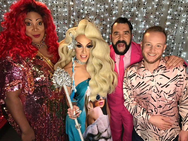 <p>Lady Red Couture, Alaska Thunerfuck, Jonny McGovern and Adam Joseph on the Hey Qween set.</p>