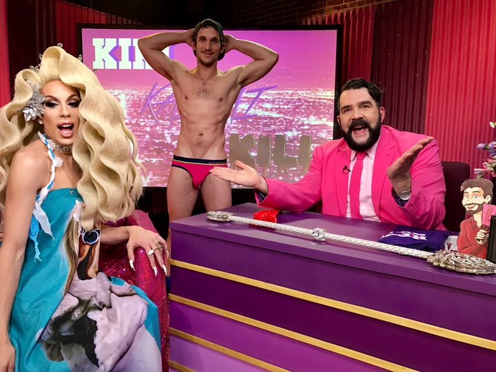 Alaska Thunderuck, Greg McKeon and Jonny McGovern on the Hey Qween set.