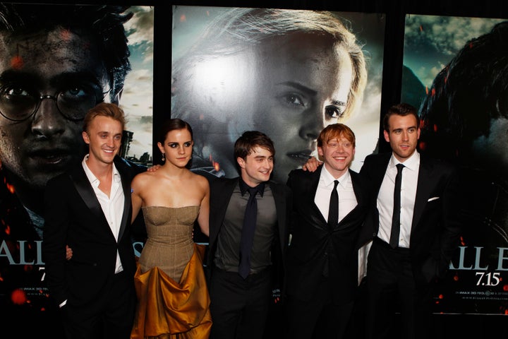 Cast members (L-R) Tom Felton, Emma Watson, Daniel Radcliffe, Rupert Grint and Matthew Lewis at the premiere of the film "Harry Potter and the Deathly Hallows: Part 2."