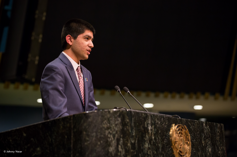 Syed Shoaib Hasan Rizvi addresses the youth delegates at the General Assembly Hall at the United Nations on February 2, 2017.