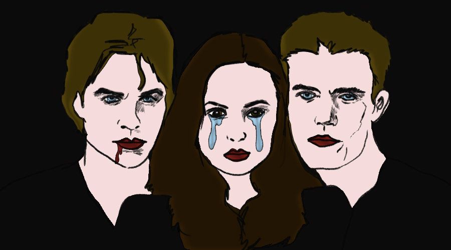 Illustration of Damon Salvatore, Elena Gilbert and Stefan Salvatore of "The Vampire Diaries." 
