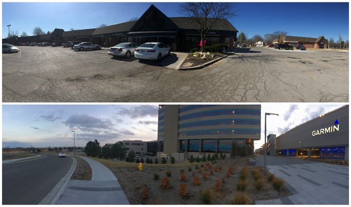 Top: the scene of the shooting at Austins Bar & Grill in Olathe, Kansas. Bottom: the nearby offices of Garmin International Inc.