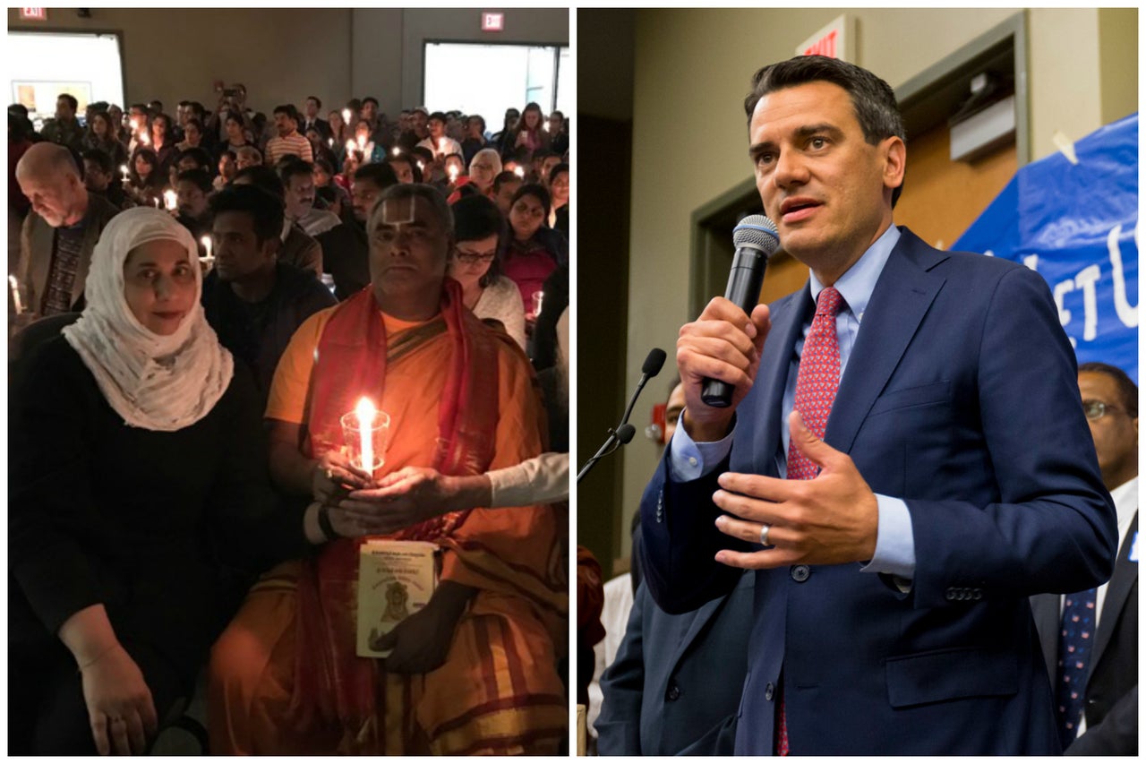 Mahnaz Shabbir, left, sits at the vigil for Srinivas Kuchibhotla. At right, U.S. Rep. Kevin Yoder (R-Kan.) speaks later.