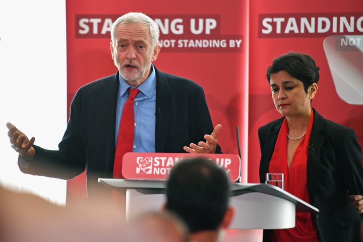 Jeremy Corbyn and Baroness Chakrabarti at the launch of her anti-semitism report