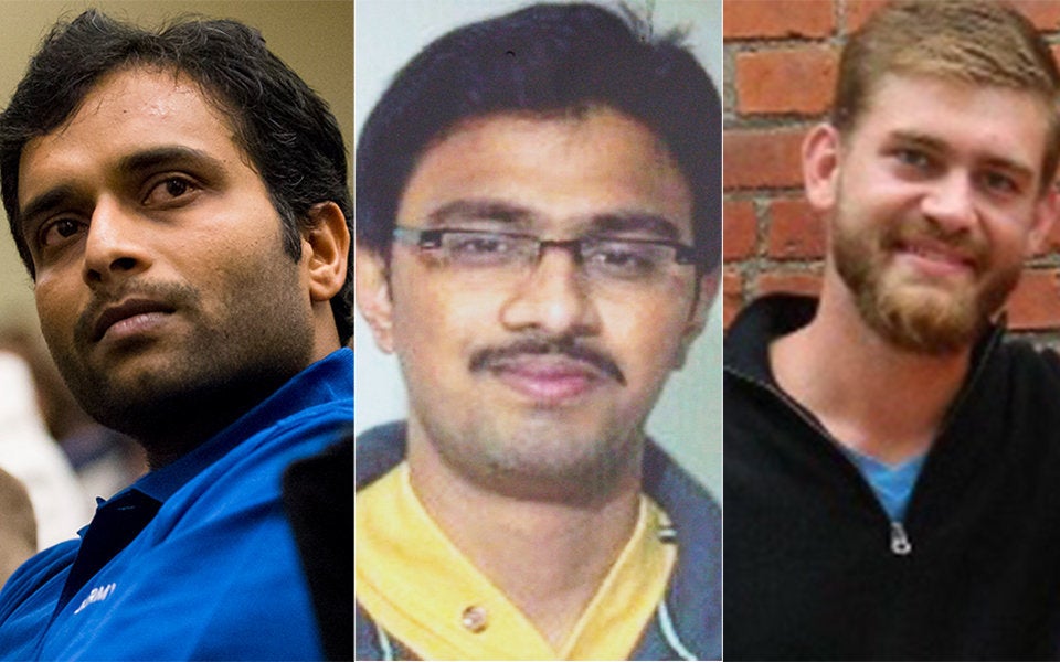 Alok Madasani, left, Srinivas Kuchibhotla and Ian Grillot, the three victims of the Olathe, Kansas, shooting. Kuchibhotla was killed.