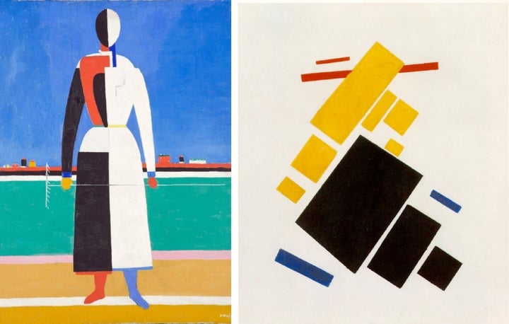 L-R: Kazimir Malevich, Woman with Rake, 1932 | Tretyakov Gallery, Moscow; Kazimir Malevich, Suprematist Painting: Airplane Flying, 1915 | Museum of Modern Art, New York