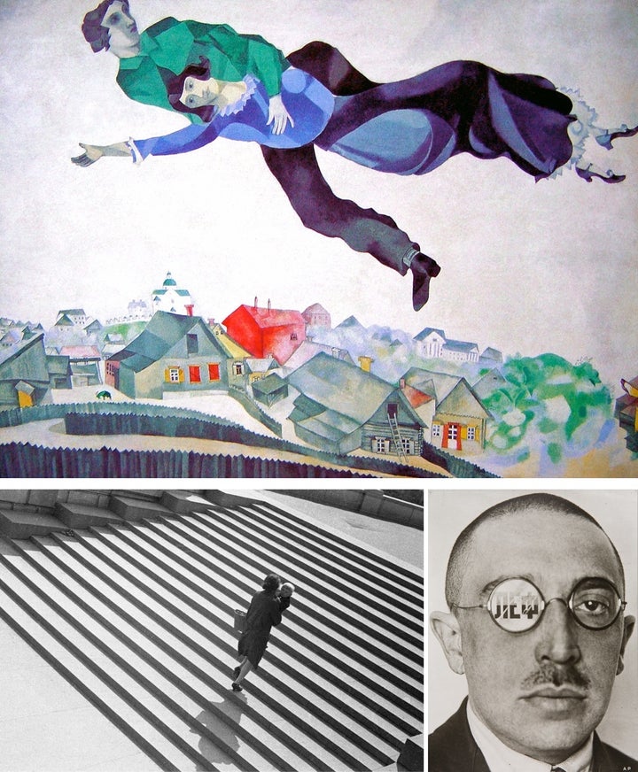 Clockwise from top: Marc Chagall, <em>Over the Town</em>, 1918 | Tretyakov Gallery, Moscow; Alexander Rodchenko, <em>Steps,</