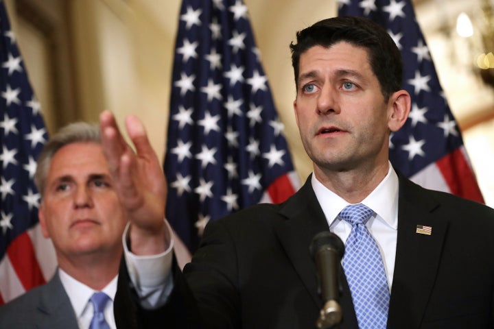 House Speaker Paul Ryan (R-Wis.), right, addresses questions about the American Health Care Act with House Majority Leader Kevin McCarthy (R-Calif.) on Tuesday.