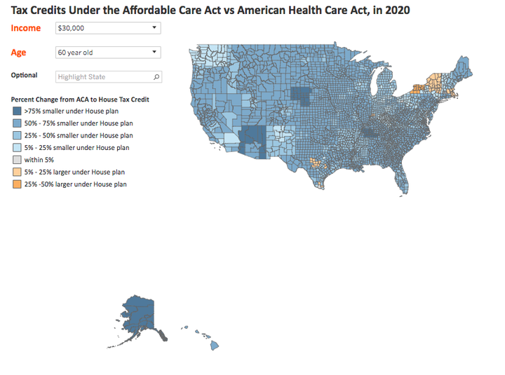 A map demonstrating the House bill's effect on tax credits to buy health insurance for 60-year-old Americans earning $30,000 annually.