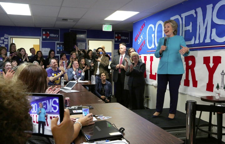 Hillary Clinton making a surprise stop at a campaign office.