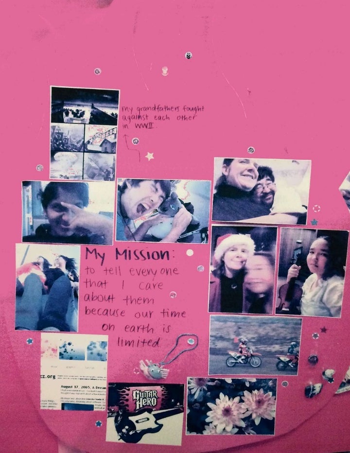My “Me Board” from 9th grade CORE class, showing my mission “to tell everyone that I care about them because our time on eart