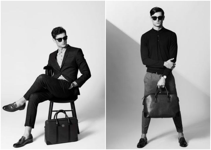 <p><em>Model with the luxe Bolvaint Cabot Briefcase and (left) and the Ivens Travel Bag (right)</em> </p>
