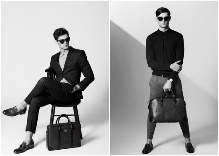 Model with the luxe Bolvaint Cabot Briefcase and (left) and the Ivens Travel Bag (right) 