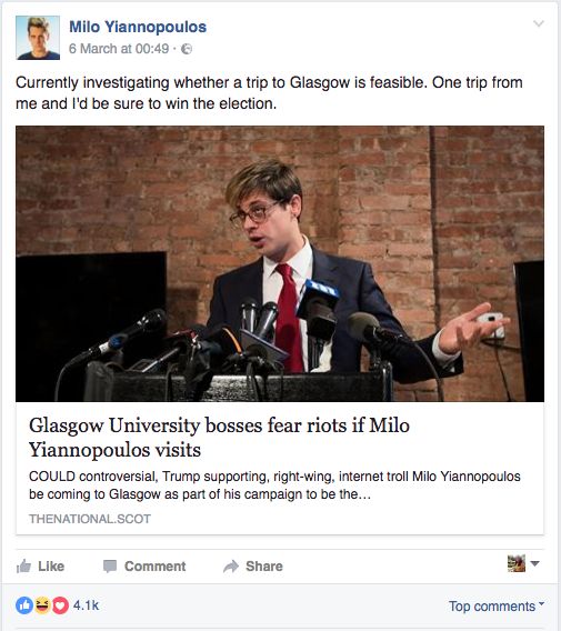Yiannopoulos said he would be "sure to win the election" if he visited Glasgow 
