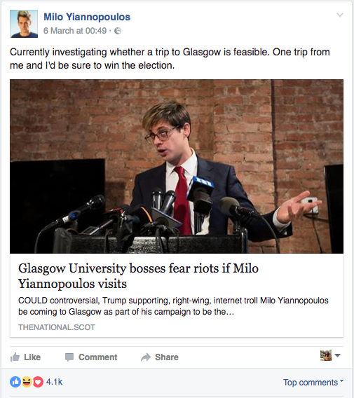 <strong>Yiannopoulos said he would be "sure to win the election" if he visited Glasgow </strong>