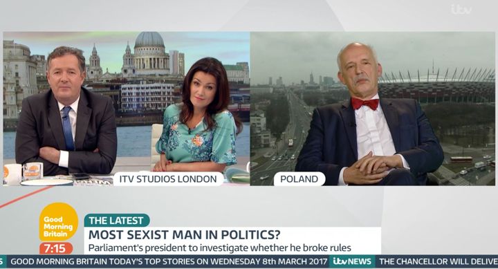 Piers Morgan (left) called Janusz Korwin-Mikke (right) a 'horrendous sexist pig' on Good Morning Britain on Wednesday.