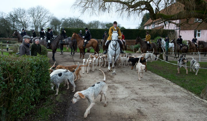 Gerald Sumner huntsman and master of the hounds of Kimblewick Hunt, leads off the hunt in Ibstone, England, in 2015.