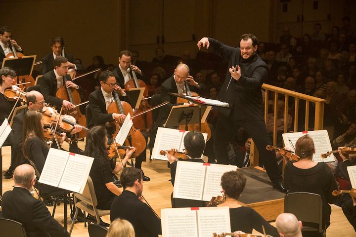 Andris Nelsons conducting the Boston Symphony Orchestra at Carnegie Hall.