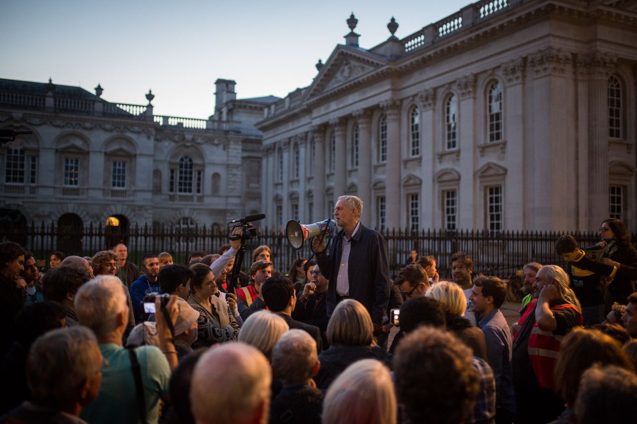 Jeremy Corbyn speaks to supporters outside Great St Mary's Church in Cambridge on September 6, 2015 as part of his leadership campaign. 