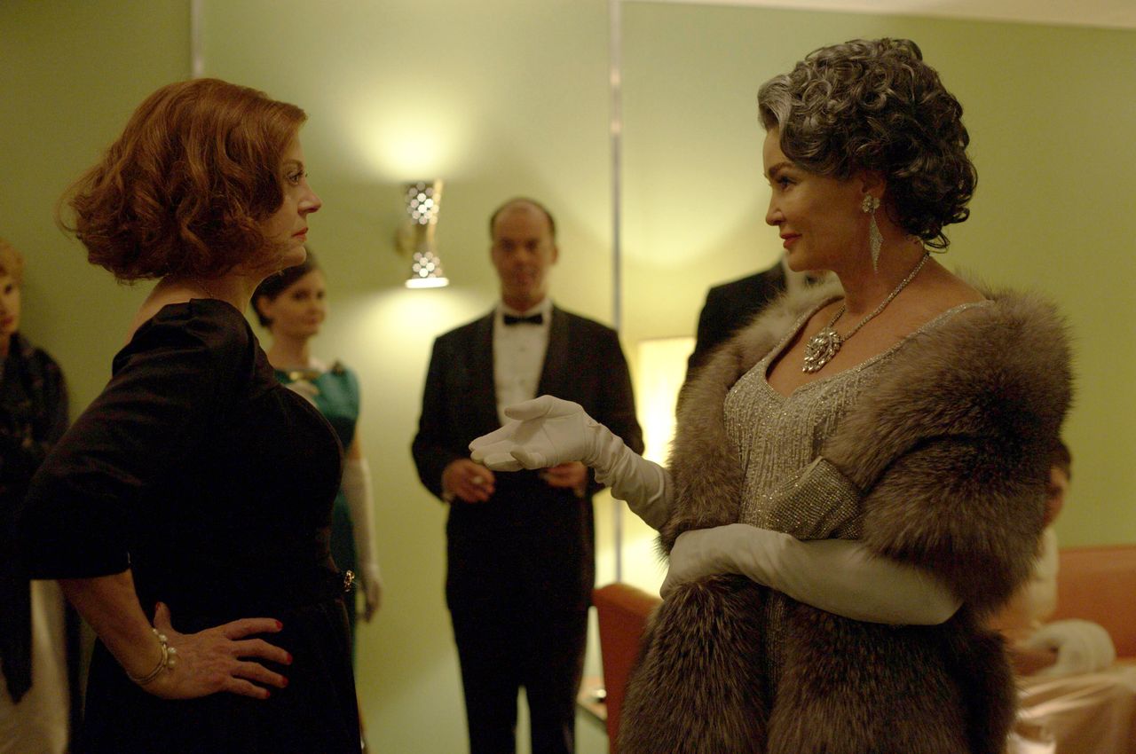 The delightfully sharp-witted Bette Davis and Joan Crawford, played by Susan Sarandon and Jessica Lange.