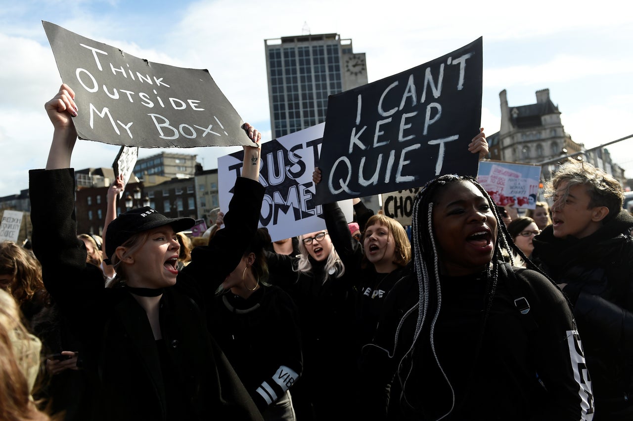 Campaigners stage a protest to demand more liberal abortion laws, in Dublin, Ireland March 8, 2017. Polls have shown nearly three-quarters of the country is now in favor of more liberal abortion laws.