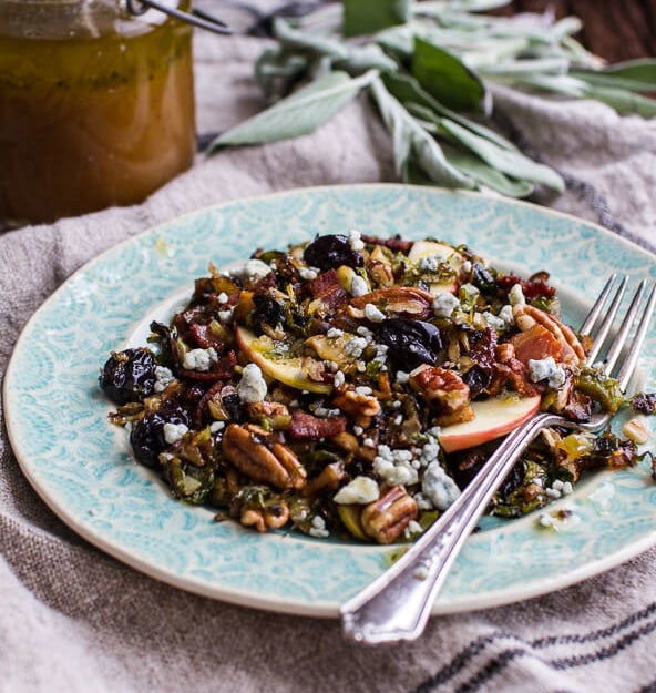 Get the Caramelized Brussels Sprout Pecan Salad with Bacon and Caramel Apple Vinaigrette recipe from Half Baked Harvest.