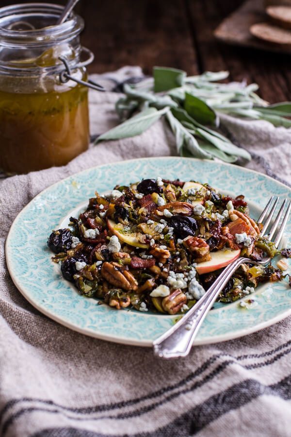 Get the Caramelized Brussels Sprout Pecan Salad with Bacon and Caramel Apple Vinaigrette recipe from Half Baked Harvest.