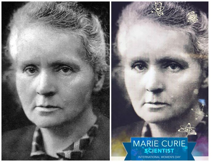 A photo of Marie Curie adjacent to a Snapchat-filtered photo of Marie Curie.