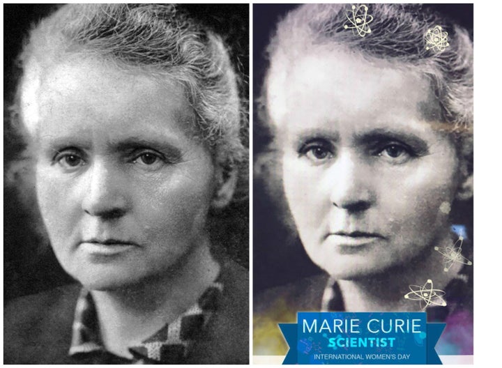 A photo of Marie Curie adjacent to a Snapchat-filtered photo of Marie Curie.