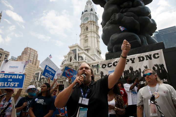 Wylde speaks at a protest during the 2016 Democratic National Convention on July 27, 2016, in Philadelphia. He encouraged fellow Bernie Sanders supporters to stay in the party.