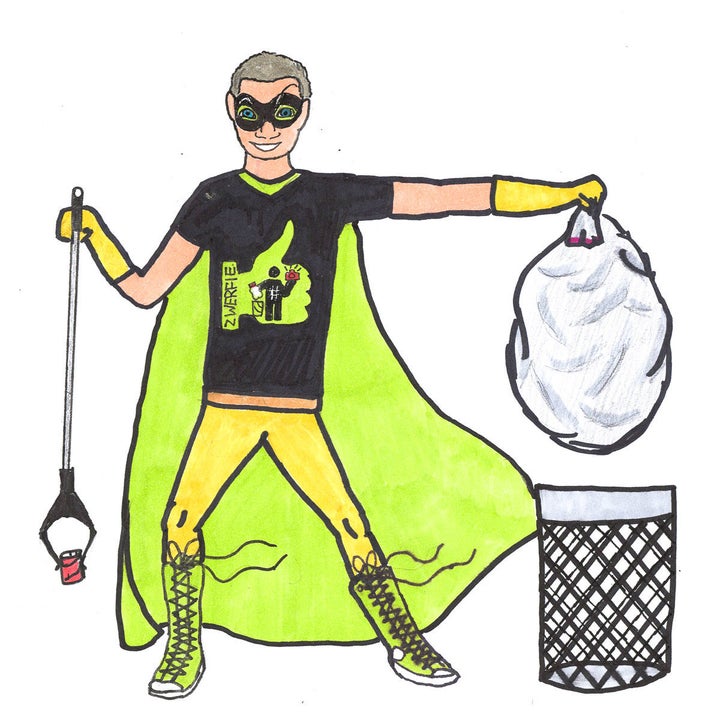 Sasha Matthews, 12, takes people's jobs and hobbies and turns them into something heroic. In the caption of this drawing on her site, she wrote, "This one was commissioned by Paul Southworth. He cares about litter and wanted to include the green thumbs-up from the #zwerfie movement."