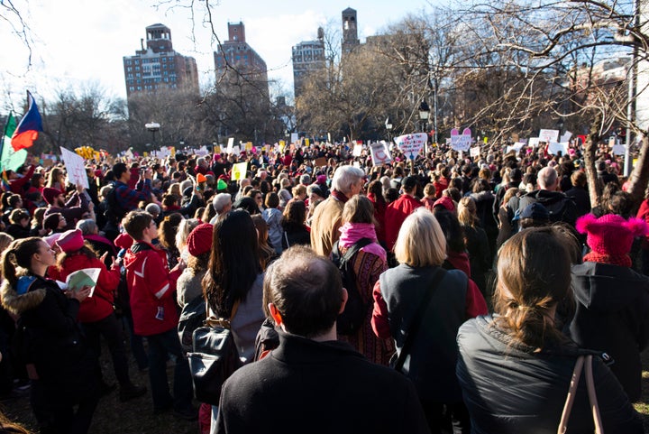 New York City's Washington Square Park is packed for the women's strike on Wednesday.