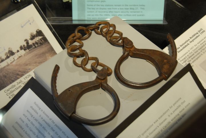 Handcuffs exhibited at the National Museum of Hansen’s Disease in Carville. Some patients were brought to Carville in shackles. 