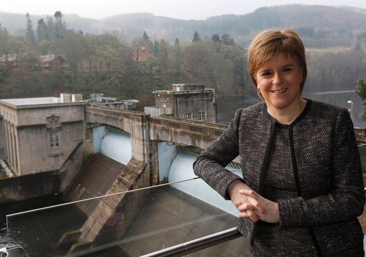 Sturgeon poses for a photograph at SSE's new Pitlochry Dam Visitor Centre, in Pitlochry, February 6.