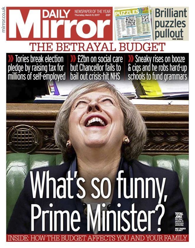 The Daily Mirror used this rather startling image of the Prime Minister