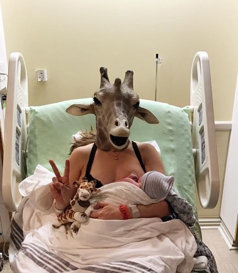 South Carolina mom and Facebook Live star Erin Dietrich welcomed baby number four on Wednesday. She later posed with her now famous giraffe mask.