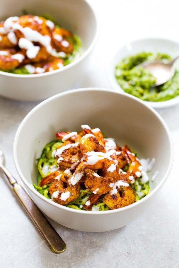 15-Minute Spicy Shrimp With Pesto Noodles